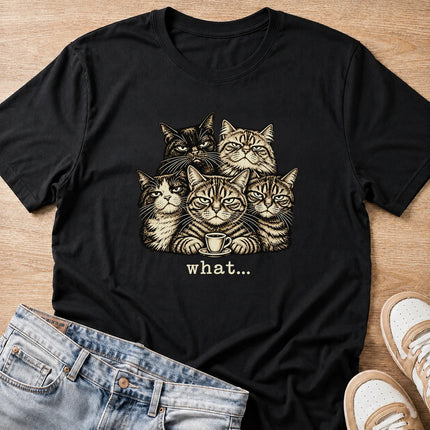five grumpy cats with coffee, what... T-shirt in black by Moody Crew