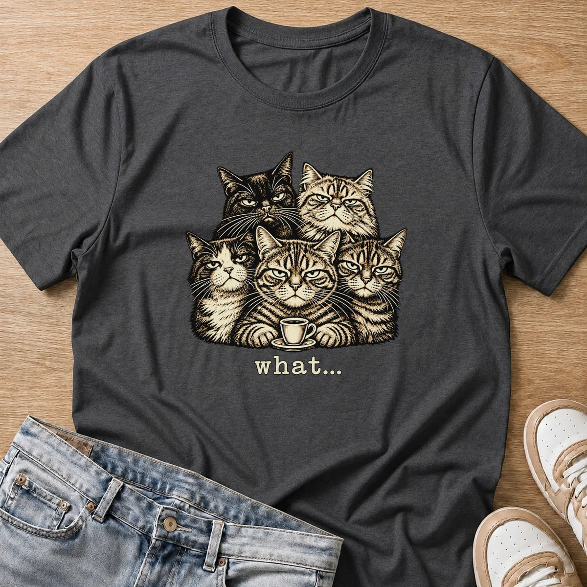 five grumpy cats with coffee, what... T-shirt in dark heather by Moody Crew