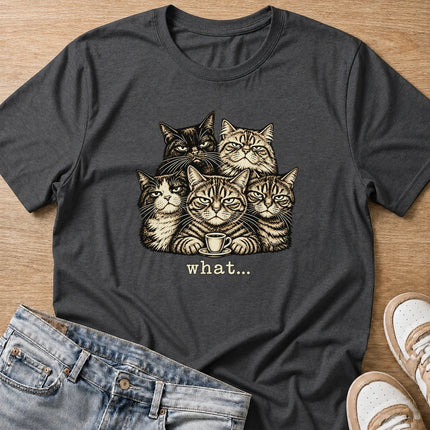 five grumpy cats with coffee, what... T-shirt in dark heather by Moody Crew