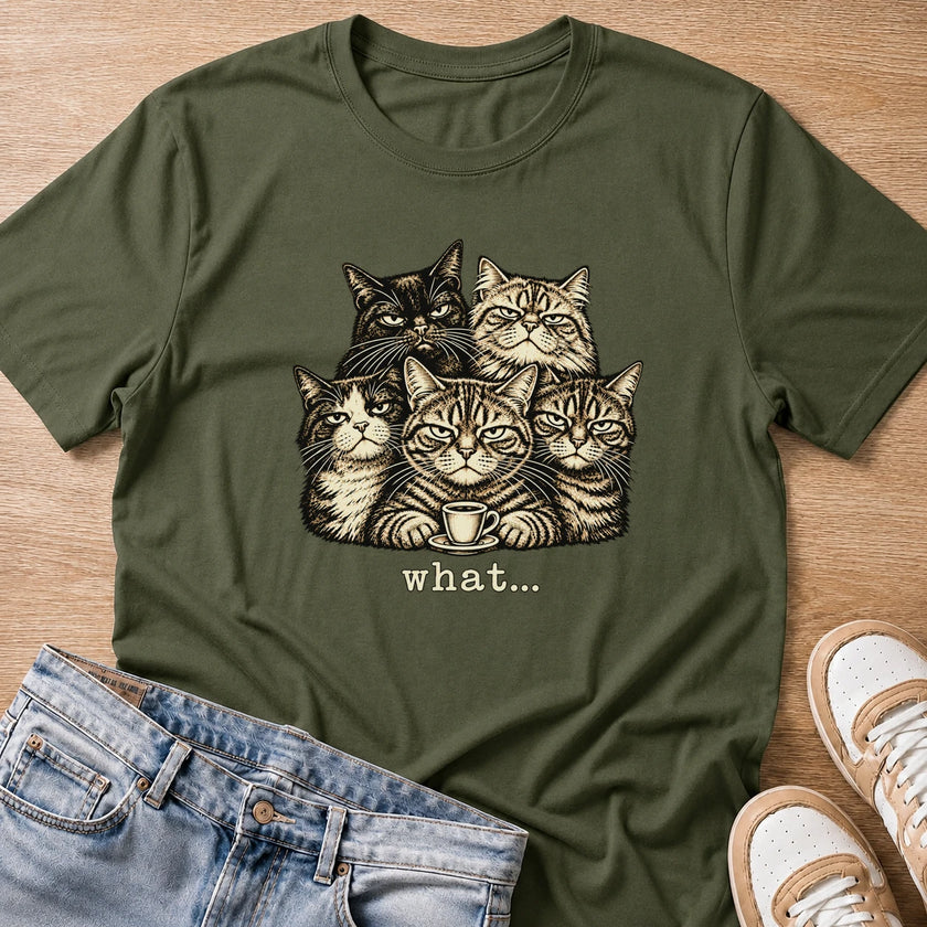 five grumpy cats with coffee, what... T-shirt in military green by Moody Crew