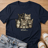 five grumpy cats with coffee, what... T-shirt in navy by Moody Crew