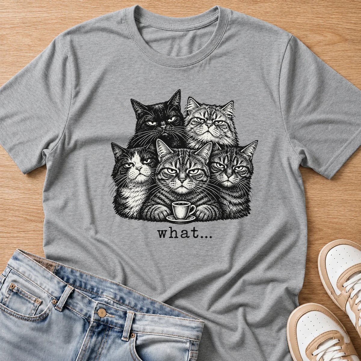 five grumpy cats with coffee, what... T-shirt in sport grey by Moody Crew