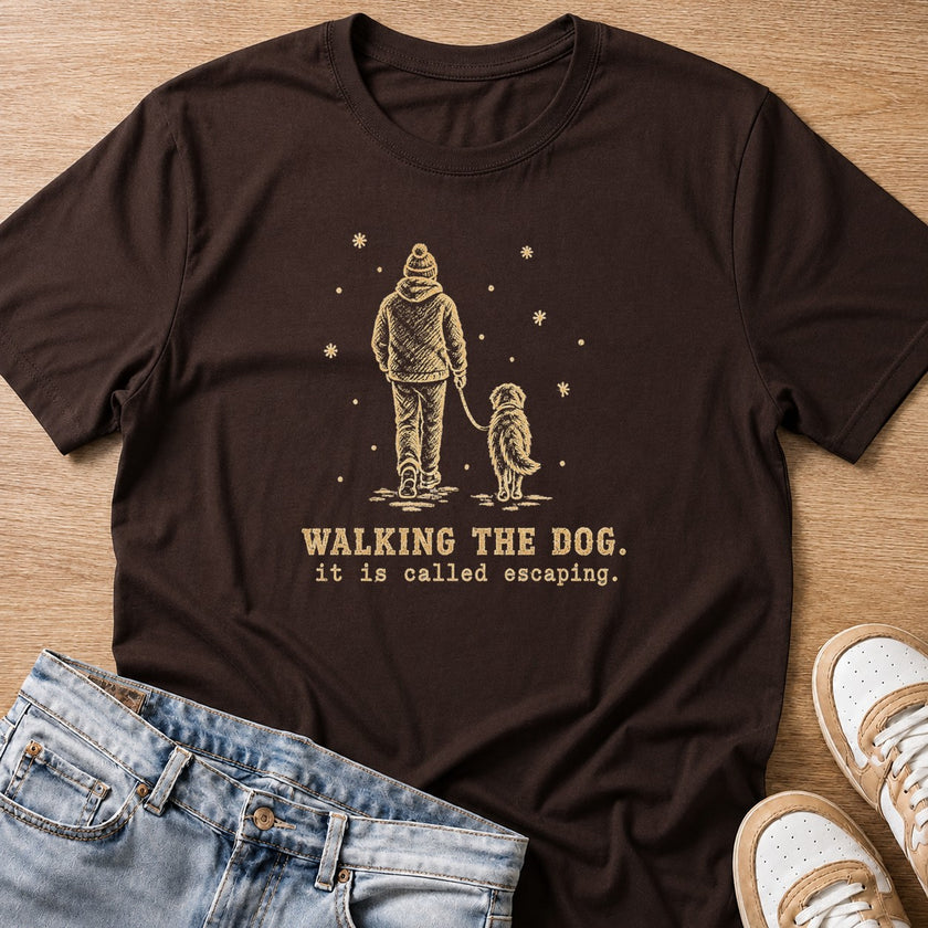 walking the dog, it is called escaping T-shirt in dark chocolate by Moody Crew