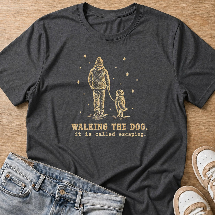 walking the dog, it is called escaping T-shirt in dark heather by Moody Crew