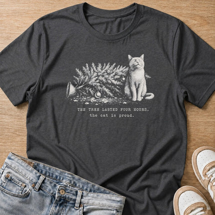 the tree lasted four hours, the cat is proud Christmas T-shirt in dark heather by Moody Crew