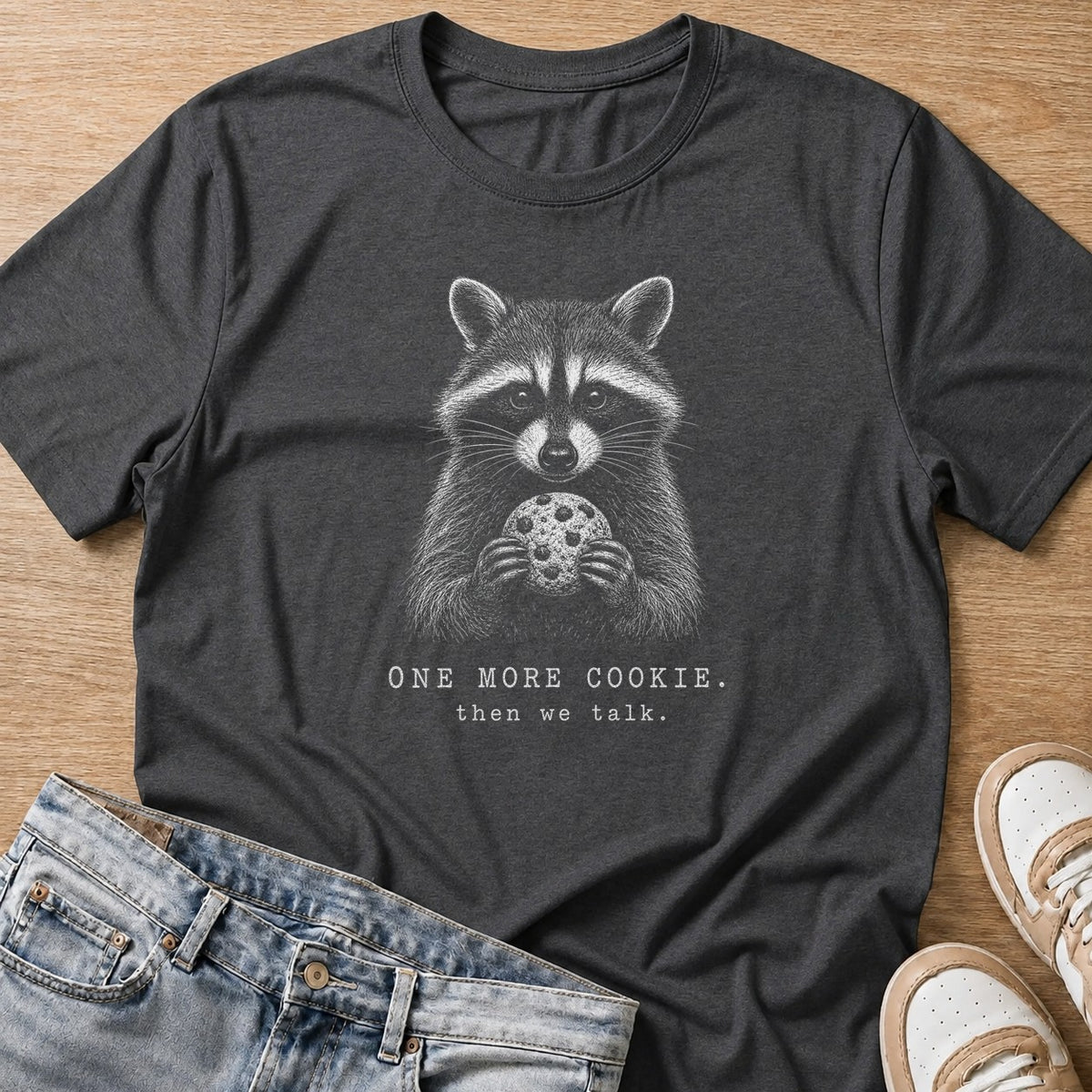 one more cookie, then we talk raccoon T-shirt in dark heather by Moody Crew