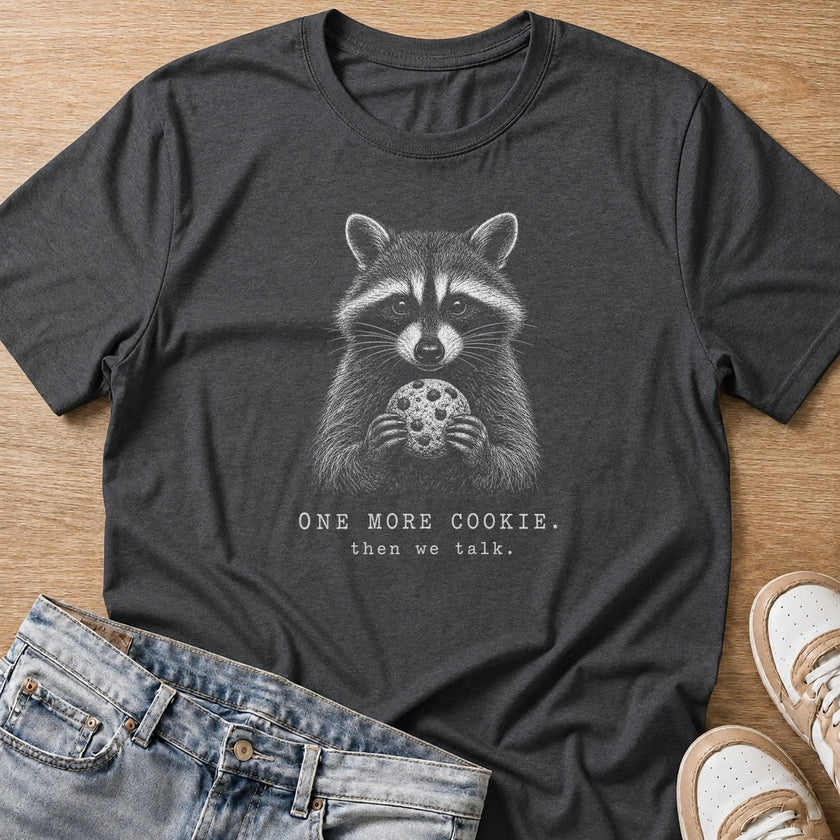 one more cookie, then we talk raccoon T-shirt in dark heather by Moody Crew