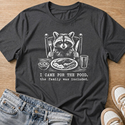 I came for the food, the family was included raccoon T-shirt in dark heather by Moody Crew