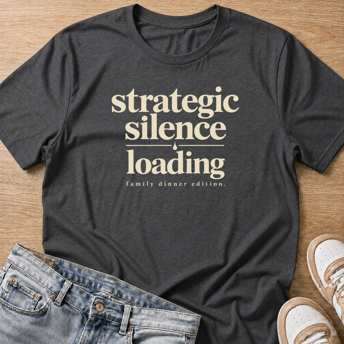 strategic silence loading, family dinner edition T-shirt in dark heather by Moody Crew