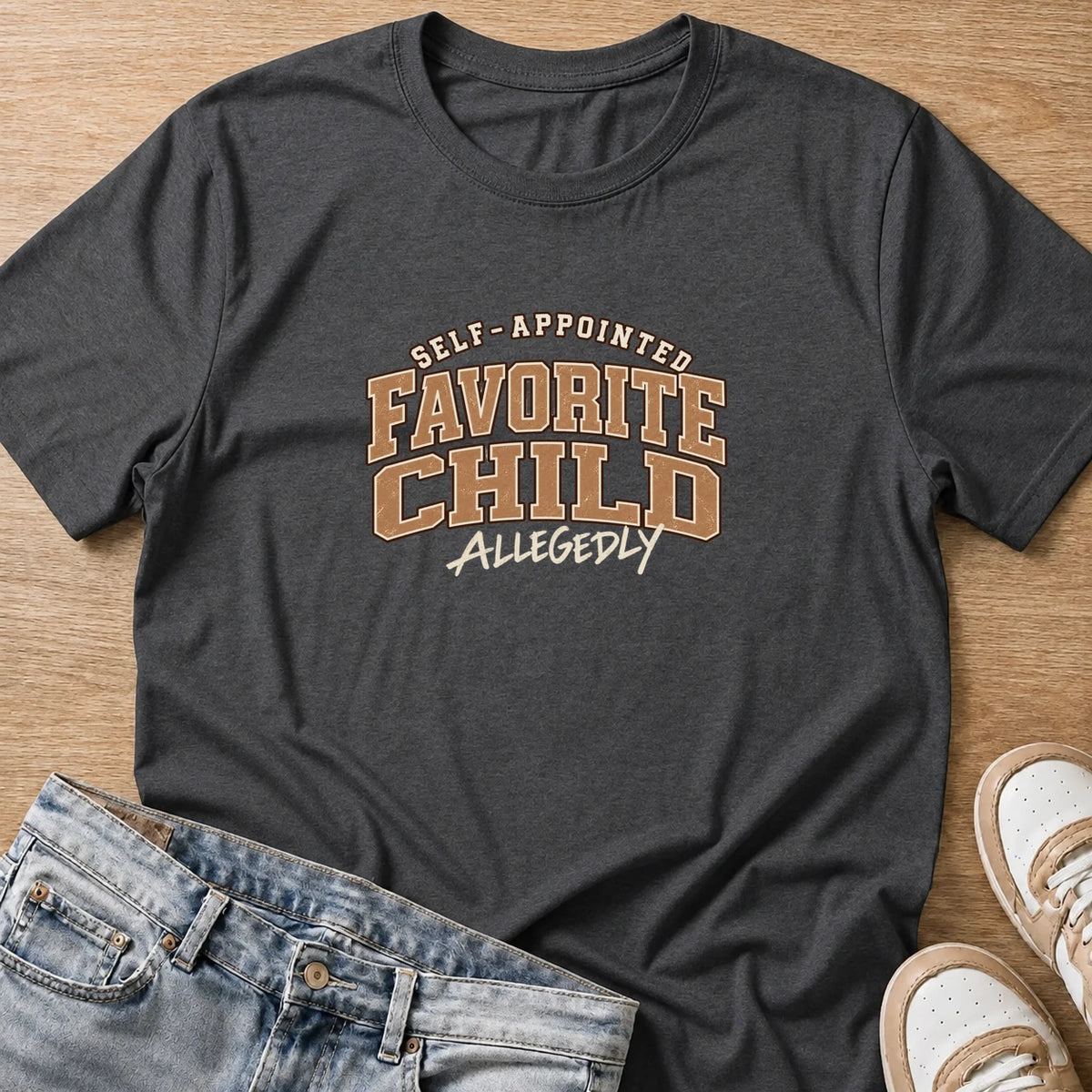 self-appointed favorite child, allegedly T-shirt in dark heather by Moody Crew
