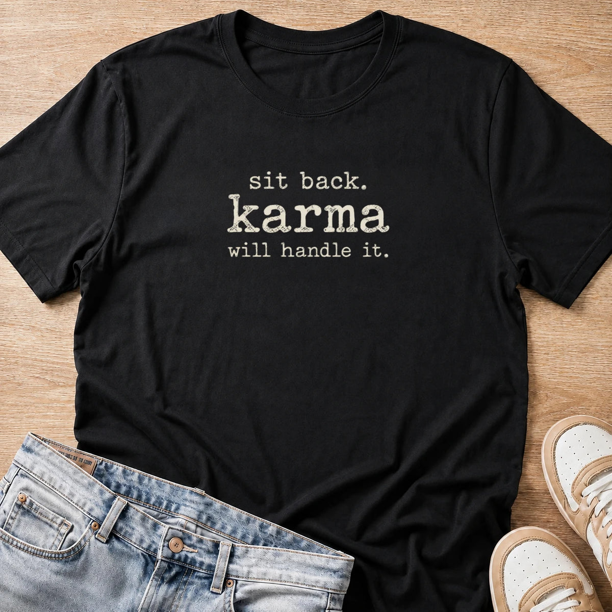 sit back, karma will handle it T-shirt in black by Moody Crew