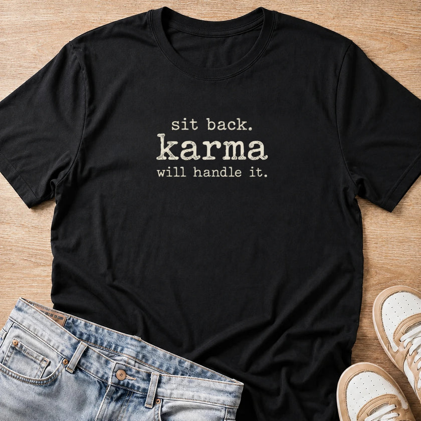 sit back, karma will handle it T-shirt in black by Moody Crew