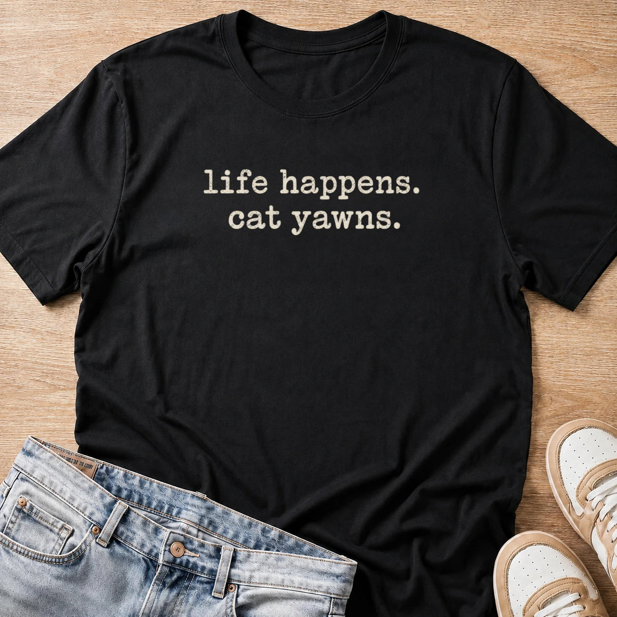life happens, cat yawns T-shirt in black by Moody Crew