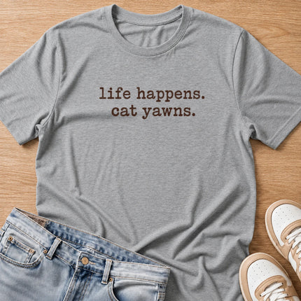 life happens, cat yawns T-shirt in sport grey by Moody Crew