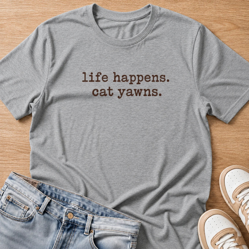 life happens, cat yawns T-shirt in sport grey by Moody Crew