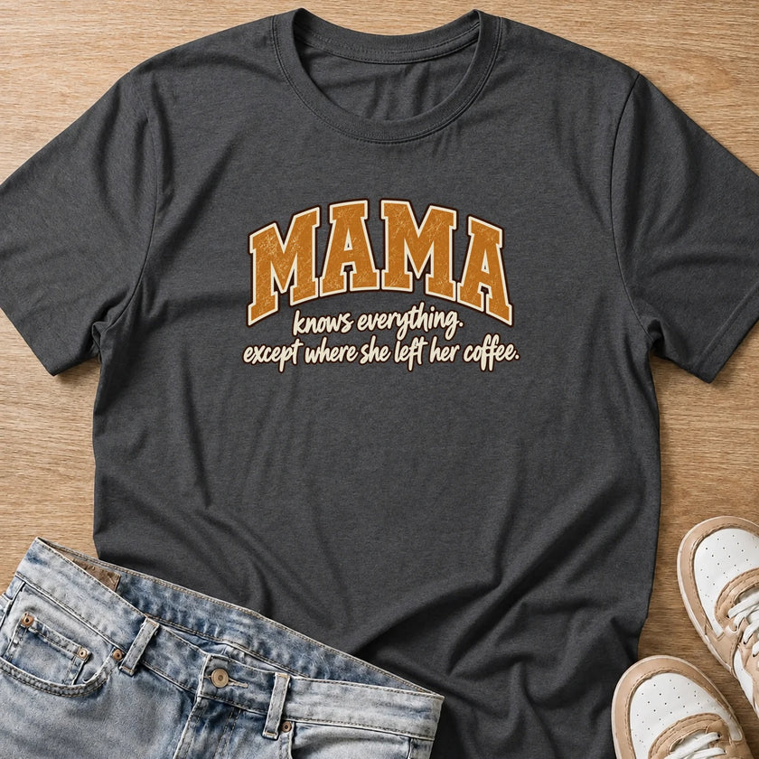 MAMA knows everything except where she left her coffee T-shirt in dark heather by Moody Crew
