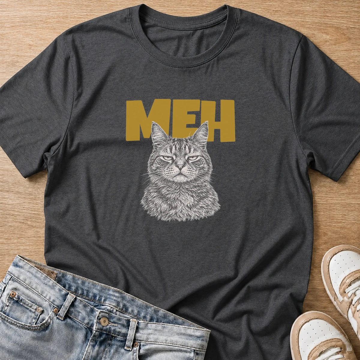 MEH grumpy tabby cat T-shirt in dark heather by Moody Crew