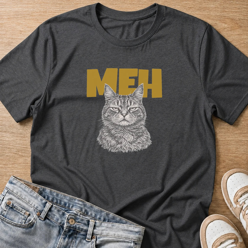 MEH grumpy tabby cat T-shirt in dark heather by Moody Crew
