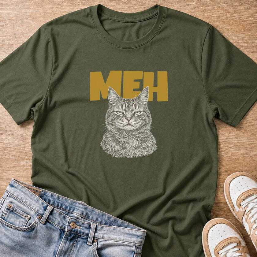 MEH grumpy tabby cat T-shirt in military green by Moody Crew