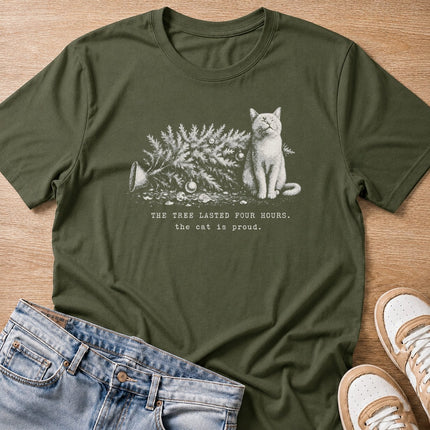 the tree lasted four hours, the cat is proud Christmas T-shirt in military green by Moody Crew