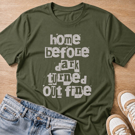 home before dark T-shirt in military green by Moody Crew