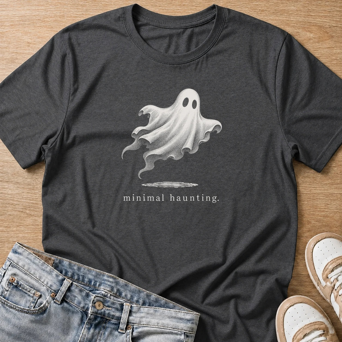 minimal haunting T-shirt in dark heather by Moody Crew