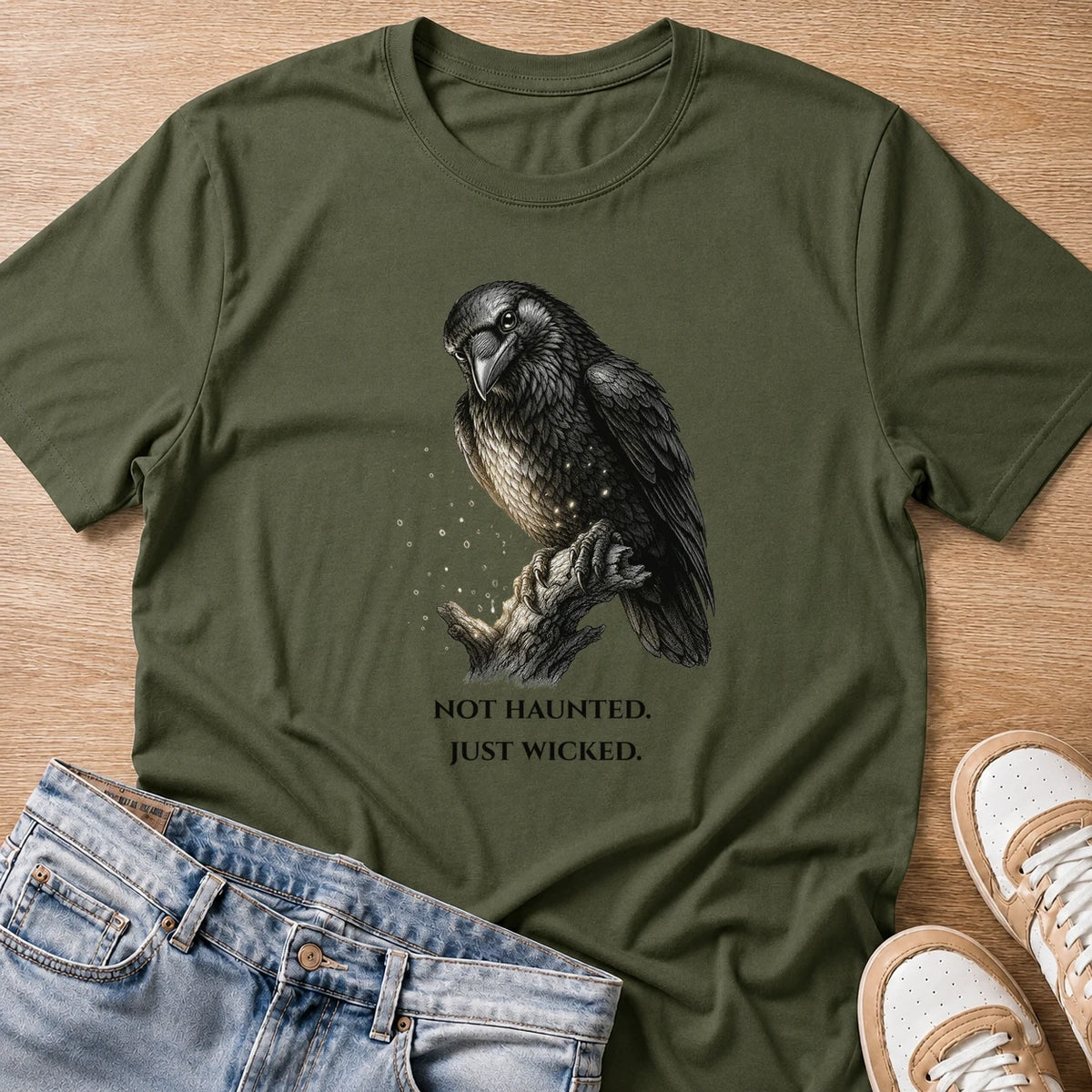 not haunted, just wicked T-shirt in military green by Moody Crew